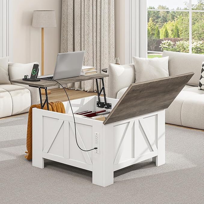 YITAHOME Farmhouse Lift Top Coffee Table with Storage, Wood Square Center Table with Charging Station & USB Ports and Hidden Compartment Coffee Tables for Living Room Bedroom, Home Office, White