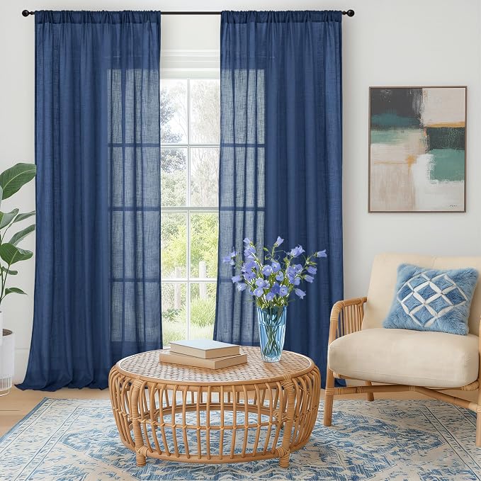 BGment 102 Inch Length Navy Blue Linen Curtains - Image 2