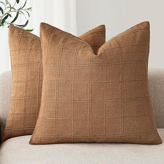 Foindtower Set of 2 Decorative Linen Check Throw Pillow Covers Neutral Farmhouse Vintage Cushion Covers Modern Boho Home Decor for Sofa Chair Couch Bedroom Living Room Outdoor,16×16 Inch,Brick
