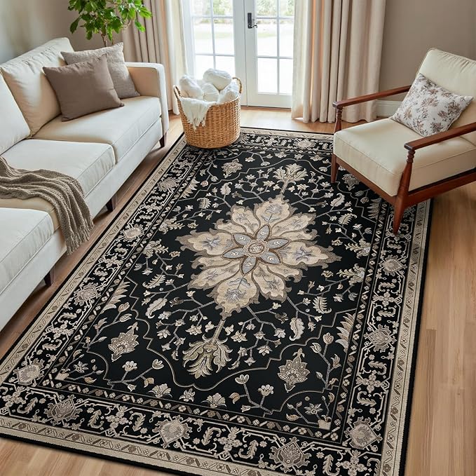 Area Rugs 5'x8' Washable Non-Slip, Floral Vintage Distress Print Pattern by RELEANY