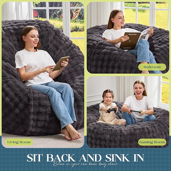 Hobestluk Bean Bag Chairs 5ft Beanbag Chair with Filler Adult Bean Bags with Fluffy & Machine Washable Cover, Giant Bean Bag Chairs for Adults (Dark Grey, 5FT-50" x 50" x 24")