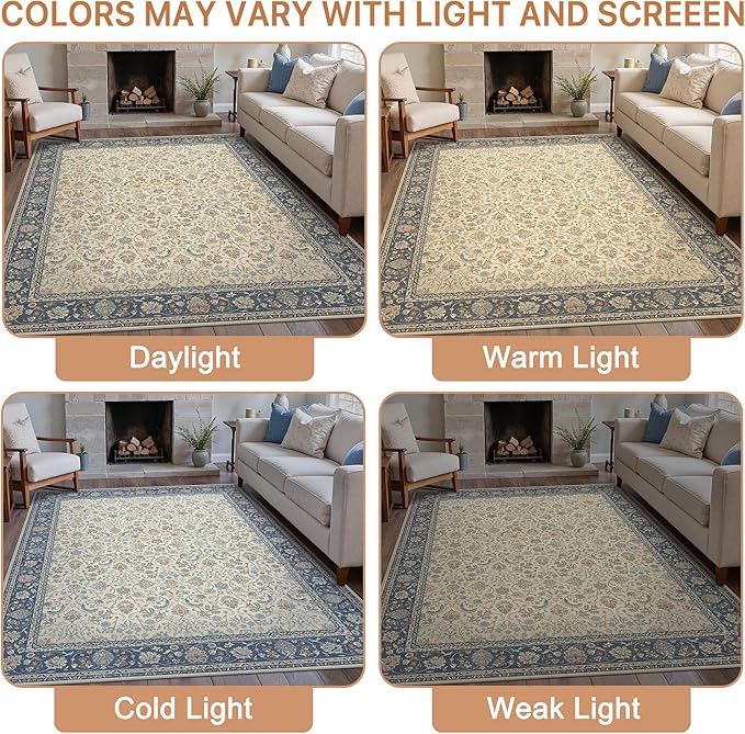 8X10 Area Rugs Machine Washable Rugs for Living Room, Vintage Boho Large Rugs for Bedroom Dining Room, Non Slip Indoor Soft Distressed Lightweight Thin Low Pile Carpet, Ivory Navy Blue