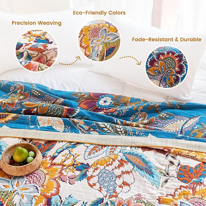 MSGKV Boho Throw Blanket 90"x108" Floral Cotton Blanket - Image 3