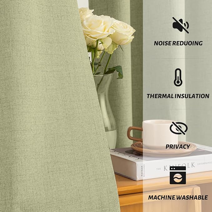 Yakamok Linen Sage Curtains 100% Blackout 63 Inches Long, Room Darkening - Image 5