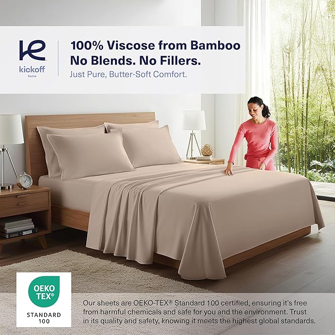 Kickoff Viscose Bamboo Sheets Twin XL Size 3-pc 100% Organic Bamboo Viscose Bed Cooling Sheets Twin XL Size Set Cool Bedding for hot Sleepers Sheet, Flat, Fitted, Pillowcase (Iced Latte, TXL)