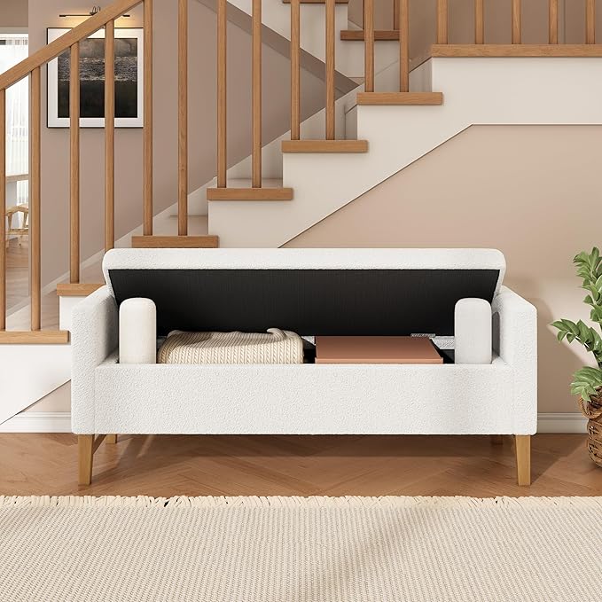 Merax Boucle Upholstered Storage Ottoman Bench 50.8" End of Bed Bench with 2 Round Pillows & Solid Wood Legs, Ample Hidden Storage Space, for Entryway Bedroom, Ivory