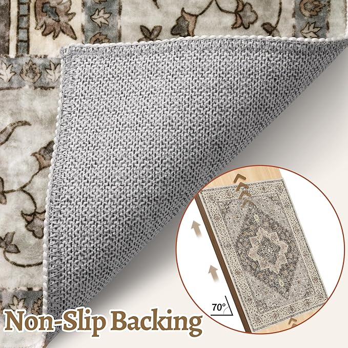 Tangsoo 2x10 Washable Runner Rug for Hallways, Non Slip Vintage Runner Rug, Soft Low Pile Long Runner, Print Distressed Brown/Grey Carpet Runners for Kitchen Bedroom Entryway Bathroom Living Room