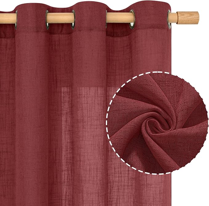 LAMIT Red Sheer Linen Curtains 45 Inch Length, Linen Textured Light Filtering - Image 2