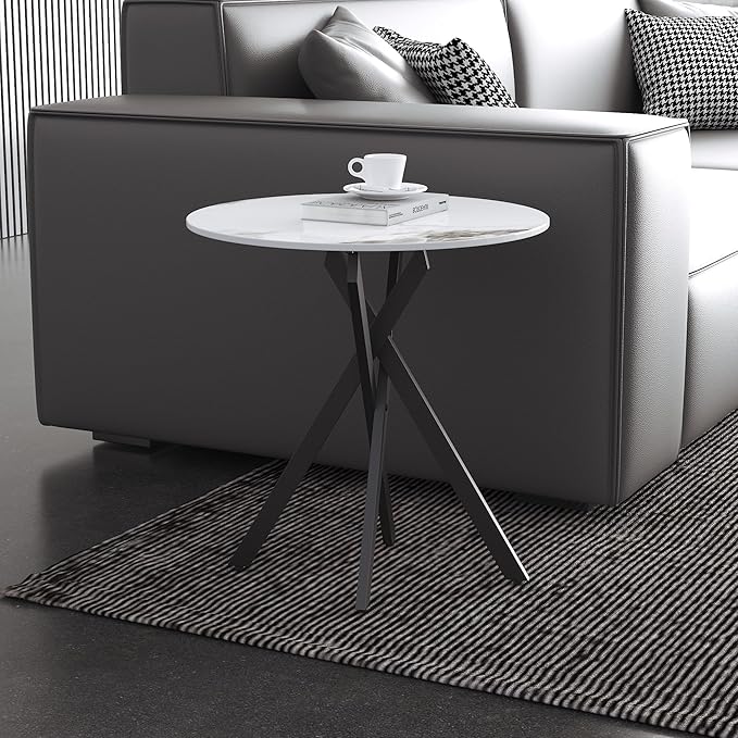 Small Round Marble Side Coffee Table with Metal Legs, Sintered Stone White Modern End Table for Living Room Sofa Home Bed Office (1 Piece, 20"×20"×18")