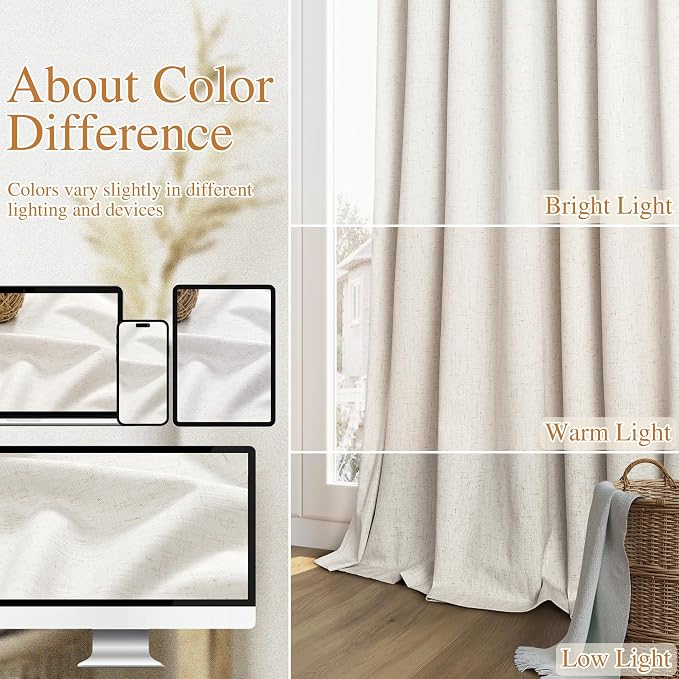 Beige White 100% Blackout Linen Curtains 84 Inch Length 2 Panels Set - Image 7
