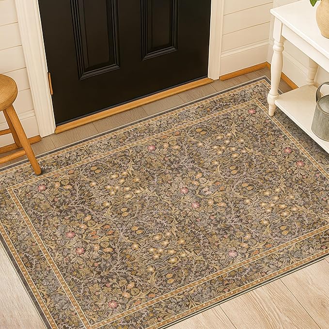 Vintage Gold Brown Entryway Rug, 3x4 Washable Area Rugs - Image 6