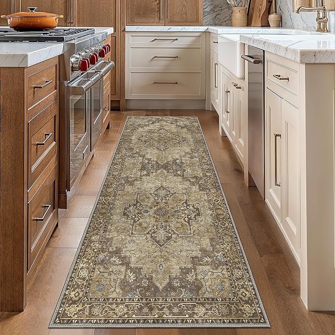 GENIMO 3x8 Runner Rugs for Hallway, Machine Washable Non Slip Vintage Rugs, Low Pile Lightweight Soft Print Rug for enrtyway, Corridor, Home Office, Kitchen, Rustic Brown