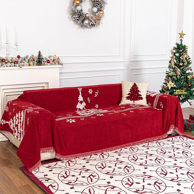 MYSKY HOME Sofa Covers for 2 Cushion Couch L Shaped Couch Cover, Washable Couch Covers with Tassels Boho Couch Cover Non Slip Super Universal Soft Sofa Slipcover for Kids, Dogs, Pets, 71"x102", Red