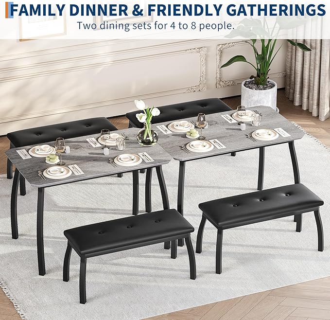 GAOMON Dining Table Set for 4, Metal Frame Kitchen, 3 Piece Dining Room Table Furniture for Apartment, Studio, Home, Easy Assembly, Grey