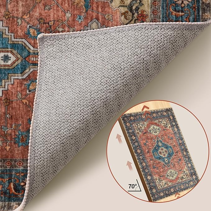Tangsoo 2x6 Washable Runner Rug for Hallways, Non Slip Vintage Runner Rug, Soft Low Pile Long Rug Runner, Print Distressed Carpet Runners for Kitchen Bedroom Entryway Bathroom Living Room Terracotta