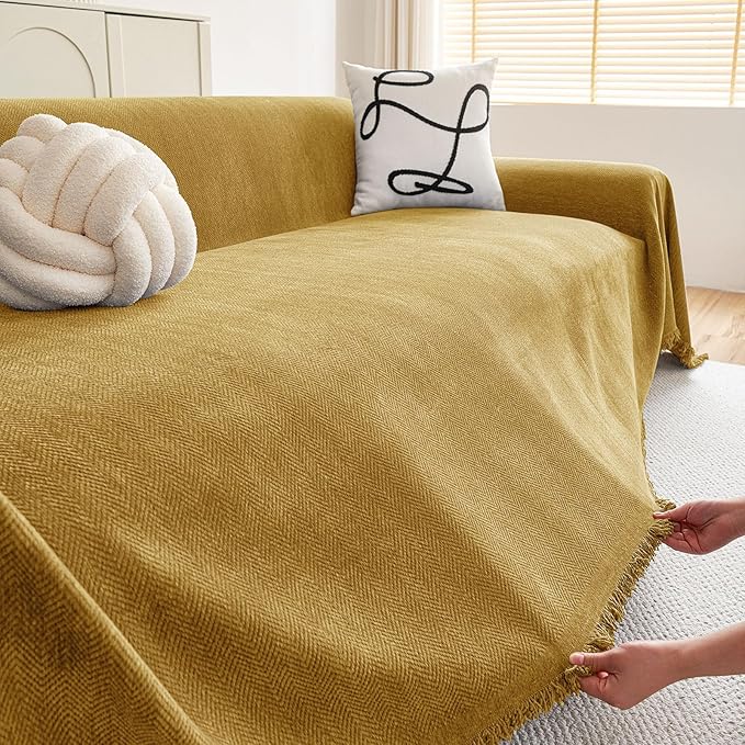 hyha Couch Cover for Dogs, Boho Sofa Covers for 3 Cushion Couch Washable, Chenille Sofa Slipcover for Pets, Soft Loveseat Sectional Couch Throw Blankets with Tassels (Yellow, 88.5x134 Inch)