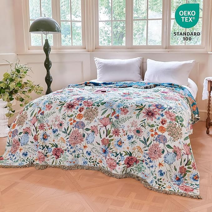 MSGKV Boho Throw Blanket 50"x60" Couch Floral 100% Cotton Blanket Spring - Image 6
