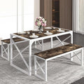 VECELO Kitchen Dining Table Set for 4 to 6, 55" Wood Dinette 2 Benches with Metal Frame for Dinner Breakfast Nook and Small Space, Dark Brown