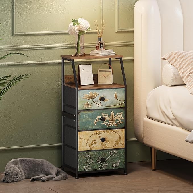 Tohomeor Dresser with Fabric Drawers Nightstand with 2 Tier Shelf Storage Tower for Bedroom Hallway Entryway Closet Organizer Sofa Beside Table Furniture (Multi, 4 Drawers)
