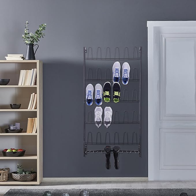 MyGift Modern Matte Black Metal Hanging Shoe Rack for Walk in Closet, Mudroom and Entryway, Wall Mounted Space Saving Organizer for Shoes and Boots, Holds 18 Pairs