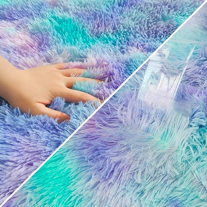 Super Soft Fluffy Living Room Area Rug 2x6 ft Purple Rainbow Tie-Dyed Shaggy - Image 6