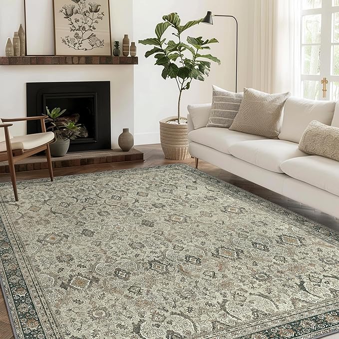 8X10 Area Rugs Machine Washable Rugs for Living Room, Vintage Boho Large Rugs for Bedroom Dining Room, Non Slip Indoor Soft Distressed Lightweight Thin Low Pile Carpet, Tan