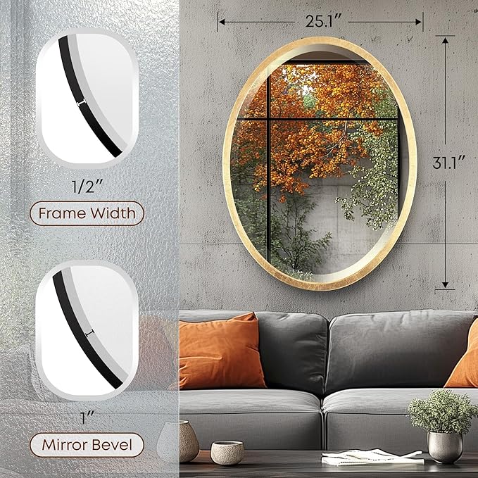 OVALCREST - Oval Wooden Beveled Wall Mirror for Home Decor, Bathroom, Vanity, Bedroom, Living Room, Hallway - London Style (Gold Leaf) 25.1 x 31.1