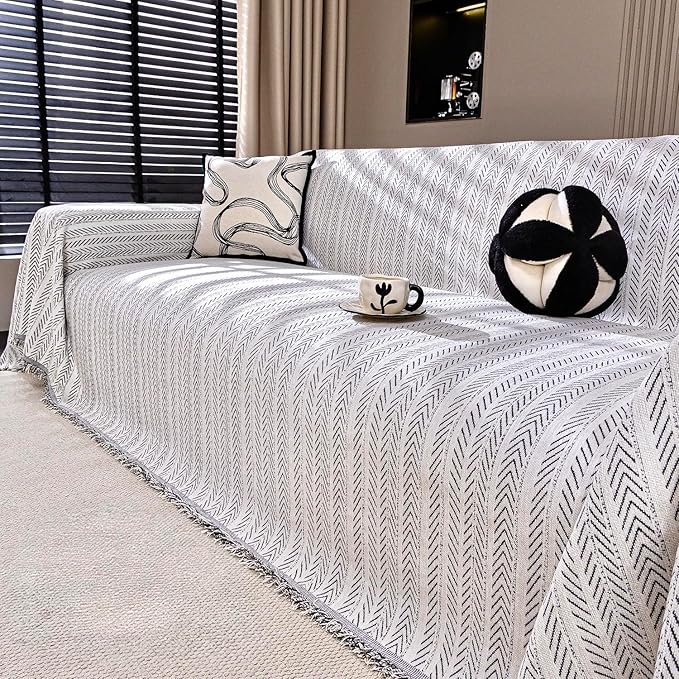 Nobildonna Sofa Cover Washable Soft Thicken Chenille Couch Cover with Tassel,Waterproof Sofa Slipcover for 3-4 Cushion Couch,Sectional Sofa,L-Shaped Furniture Protector Pet-Friendly,Beige 91"x134"