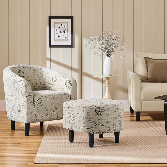Yaheetech Modren Club Chair with Ottoman, Fabric Accent Armchair with Footstool, Upholstered Barrel Chair and Footrest for Living Room Bedroom Guestroom, Letter Print