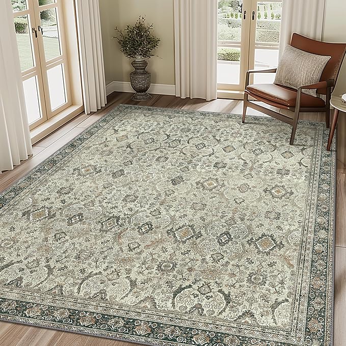 8X10 Area Rugs Machine Washable Rugs for Living Room, Vintage Boho Large Rugs for Bedroom Dining Room, Non Slip Indoor Soft Distressed Lightweight Thin Low Pile Carpet, Tan