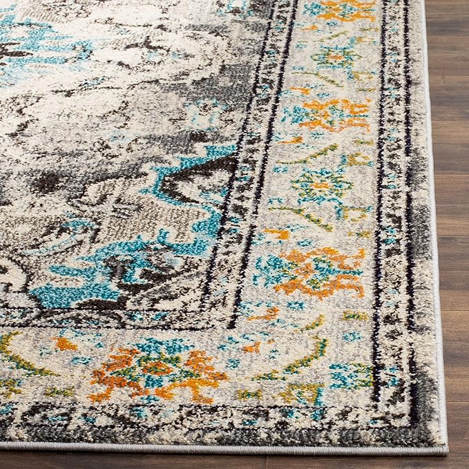 SAFAVIEH Monaco Collection X-Large Area Rug - 12' x 18', Grey & Light Blue, Medallion Distressed Design, Non-Shedding & Easy Care, Ideal for High Traffic Areas in Living Room, Bedroom (MNC243G)