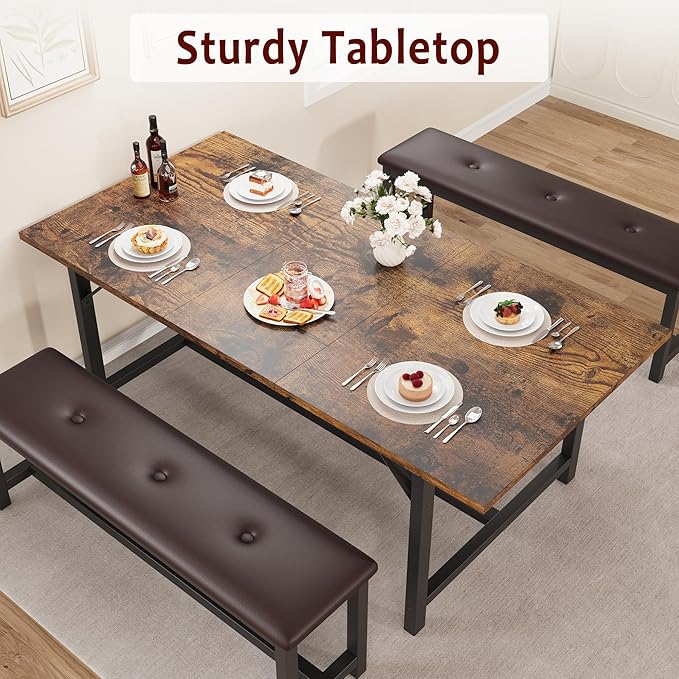 3-Piece Dining Table Set for 4-6 People, Extendable Kitchen Table Set with 2 Upholstered Benches, Dining Room Table Set for Apartment, Kitchen, Living Room, Brown