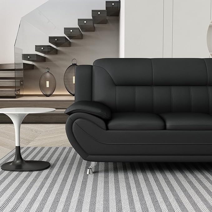 Container Furniture Direct Michael Modern Faux Leather Upholstered Stainless Steel Legs Living Room Sofa, Loveseat, Black