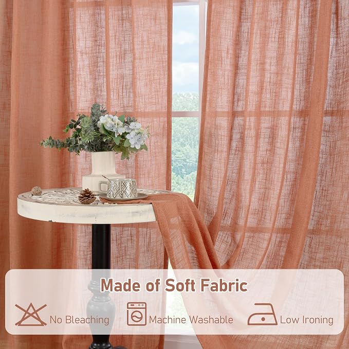 LAMIT Terracotta Linen Curtains 54 Inch Length 2 Panel Set, Semi Sheer Bronze - Image 9
