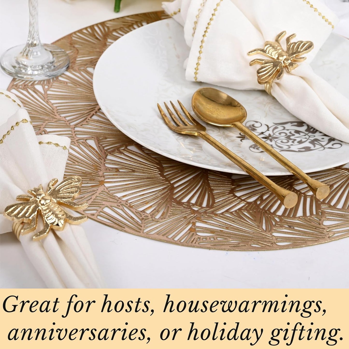 Gold Napkin Rings Set of 12 - Elegant Bee Napkin Rings with Sturdy Lightweight Metal Design - Durable & Versatile for Table Settings, Special Occasions, Decor & Gift Giving Ideas - CLEENTABLE