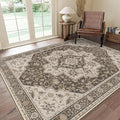 GENIMO 8x10 Area Rugs for Living Room, Machine Washable Non Slip Vintage Retro Rugs, Low Pile Lightweight Chenille Print Rug for Bedroom, Dining Room, Home Office, Ebony Taupe