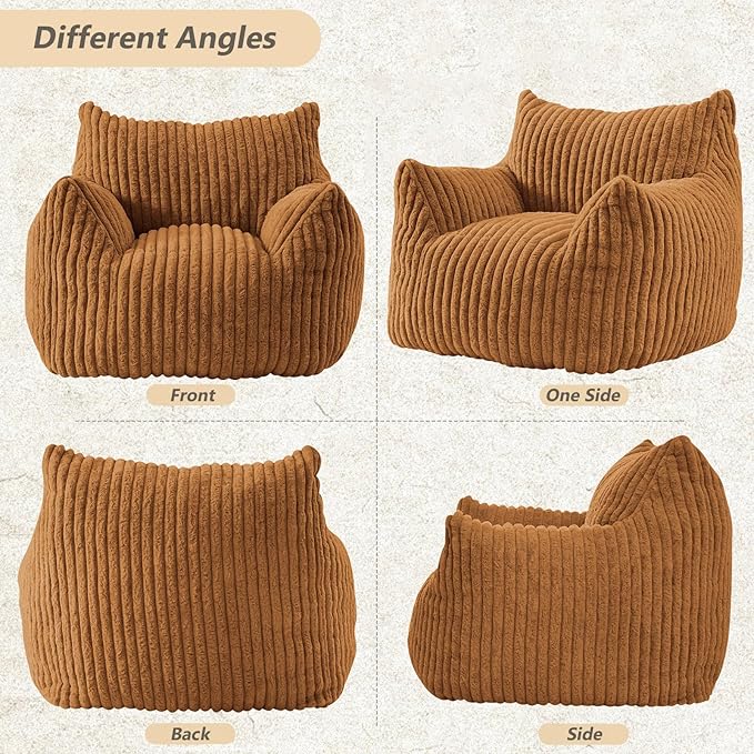 Giant Bean Bag Chairs for Adults Teens, Large Bean Bag Sofa Chairs with Filling Comfy Fuzzy BeanBag Chair with Armrests for Bedroom Living Room Reading (Brown, Large)