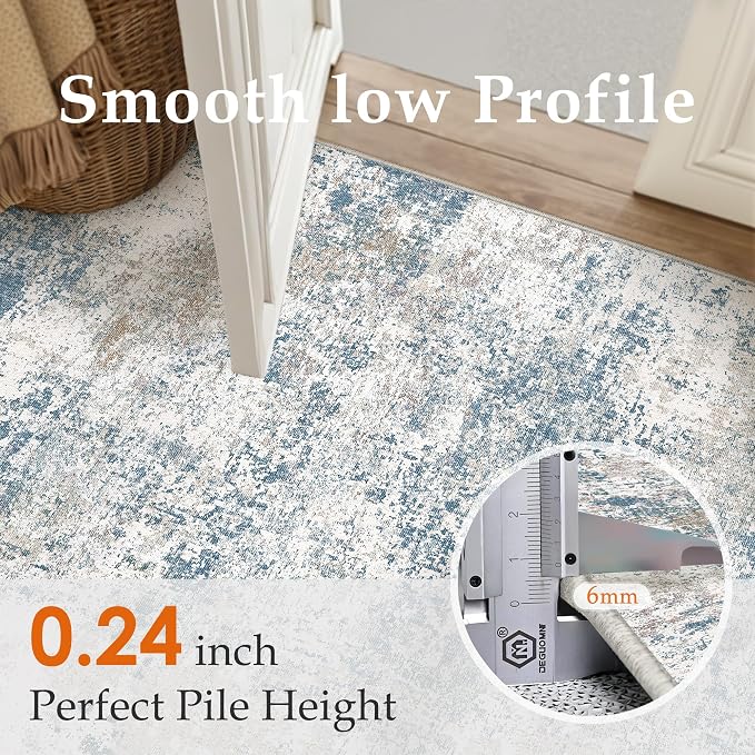 Blue 2x6 Runner Rug Washablel Abstract Hallway Carpet Modern Neutral Non Slip - Image 3