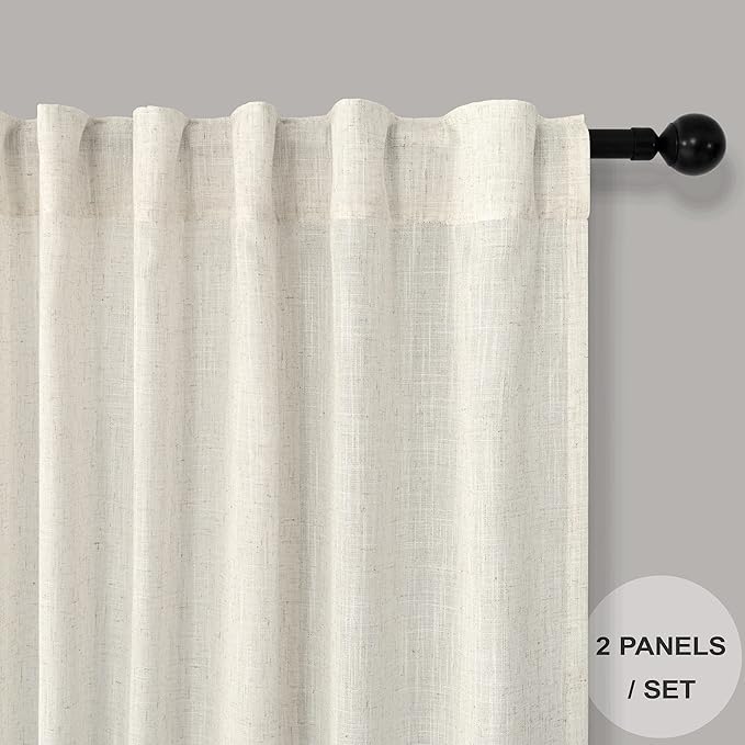 Pitalk 48 Inch Curtains for Cafe Kitchen Cream Linen Semi Sheer Short Curtains - Image 2