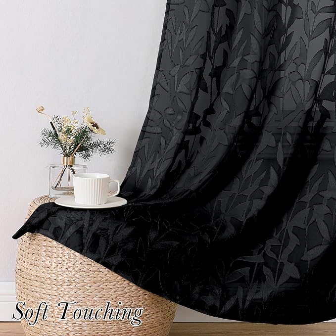 Lecloud Leia Black Sheer Curtains 96 Inches Long 2 Panels, Airy Leaf Jacquard - Image 7