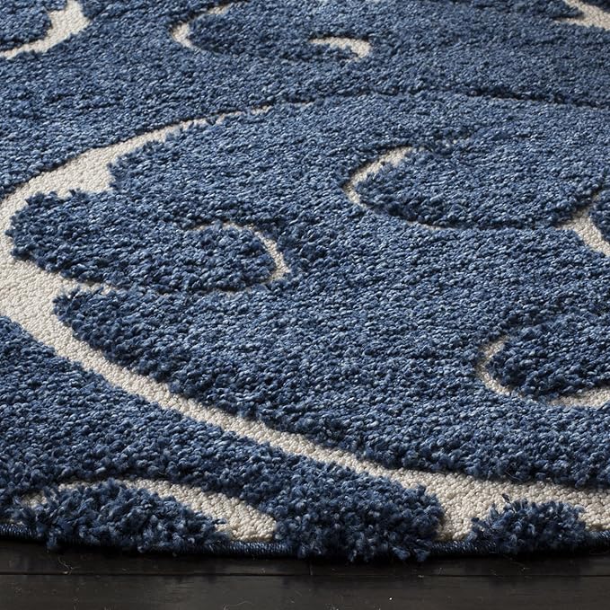 SAFAVIEH Florida Shag Collection Area Rug - 4' Round, Dark Blue & Cream, Scroll Design, Non-Shedding & Easy Care, 1.2-inch Thick Ideal for High Traffic Areas in Living Room, Bedroom (SG455-6511)