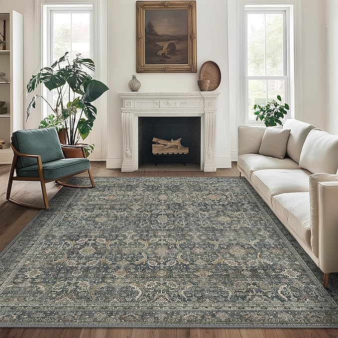 6X9 Area Rugs Machine Washable Rugs for Living Room, Vintage Boho Large Rugs for Bedroom Dining Room, Non Slip Indoor Soft Distressed Lightweight Thin Low Pile Carpet, Deep