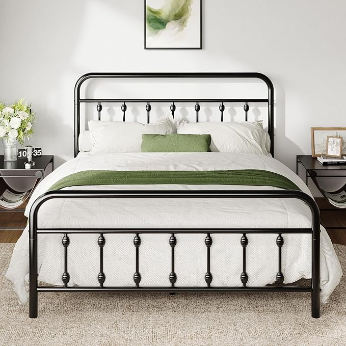 Allewie Queen Size Metal Platform Bed Frame with Victorian Style Iron-Art Headboard and Footboard, Easy Assembly, Under Bed Storage, No Box Spring Required, Black