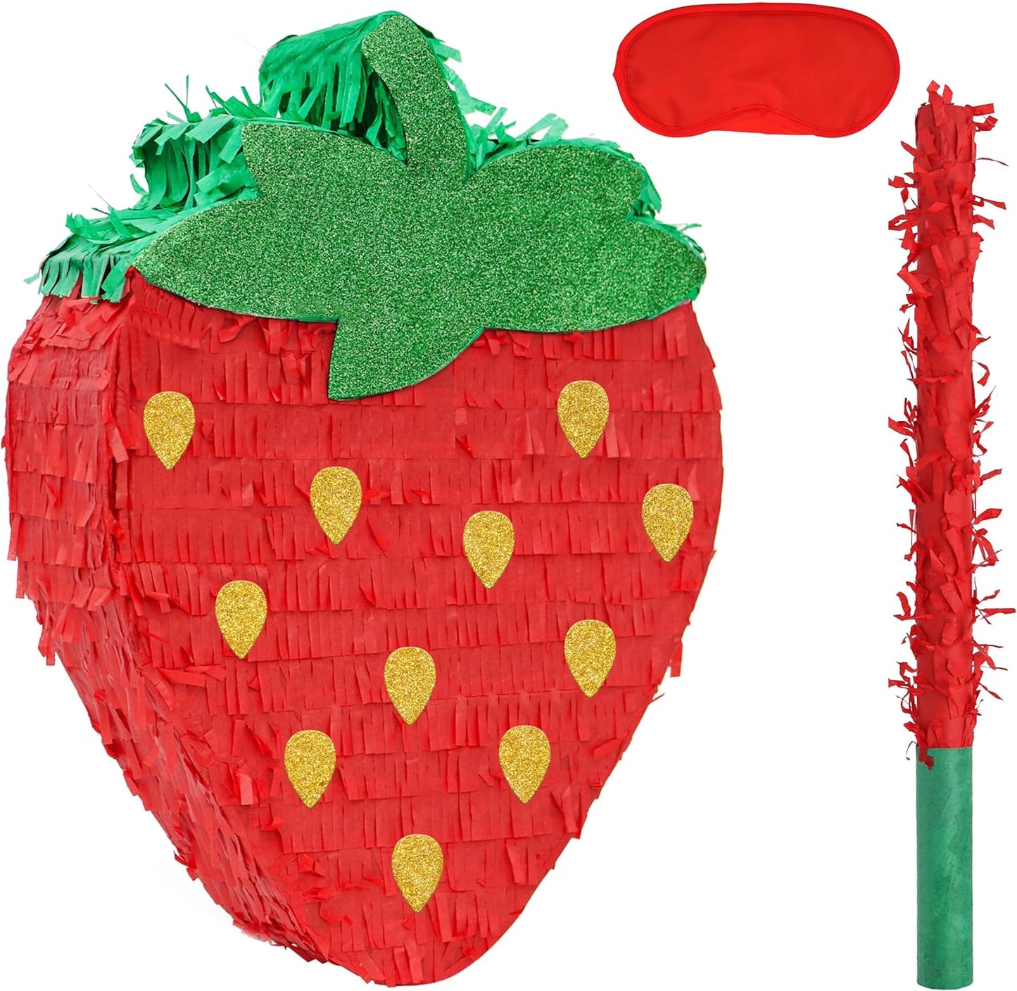 Strawberry Pinatas Bundle with a Blindfold and a Bat(16.5 x 12 x 3.5 Inches), Perfect for kid's Birthday Parties, Fruit Theme Parties, Decorations