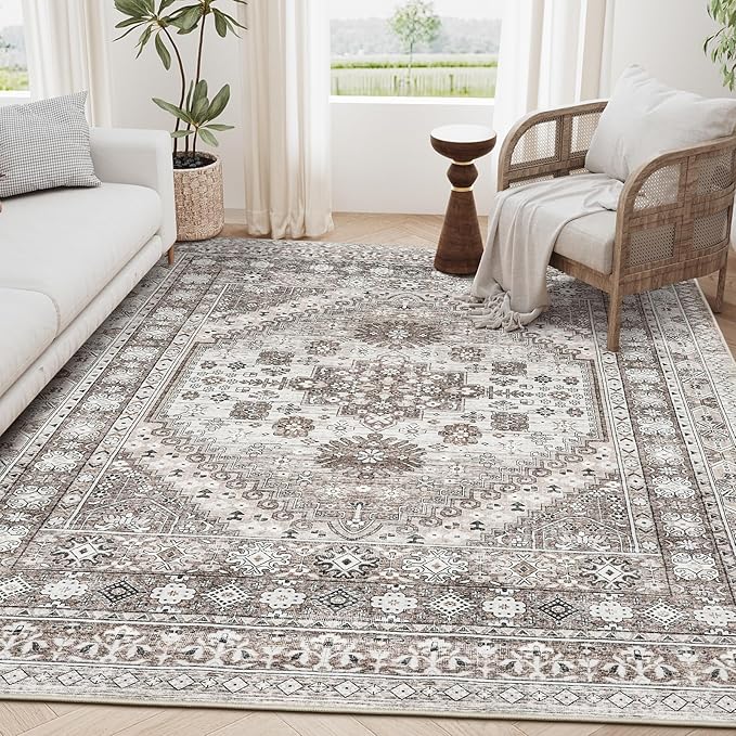 zesthome 5x7 Area Rugs - Ultra-Thin Washble Rug, Stain Resistant Anti Slip Backing Rugs for Living Room,Bedroom, Vintage Home Decor Area Rug (Brown/Beige,5'x7')
