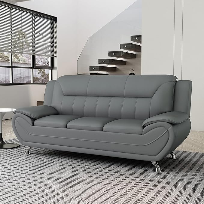 Container Furniture Direct Michael Modern Faux Leather Upholstered Stainless Steel Legs Living Room Sofa, Gray