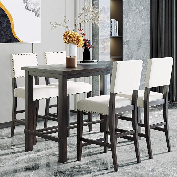 5 Pieces Dining Table Set,Wooden Living Room Furniture with 52" Rectangle Kitchen Desk,4 Upholstered Chairs W/Curved Backrests,for Restaurant,Home Bistro,Espresso and Beige