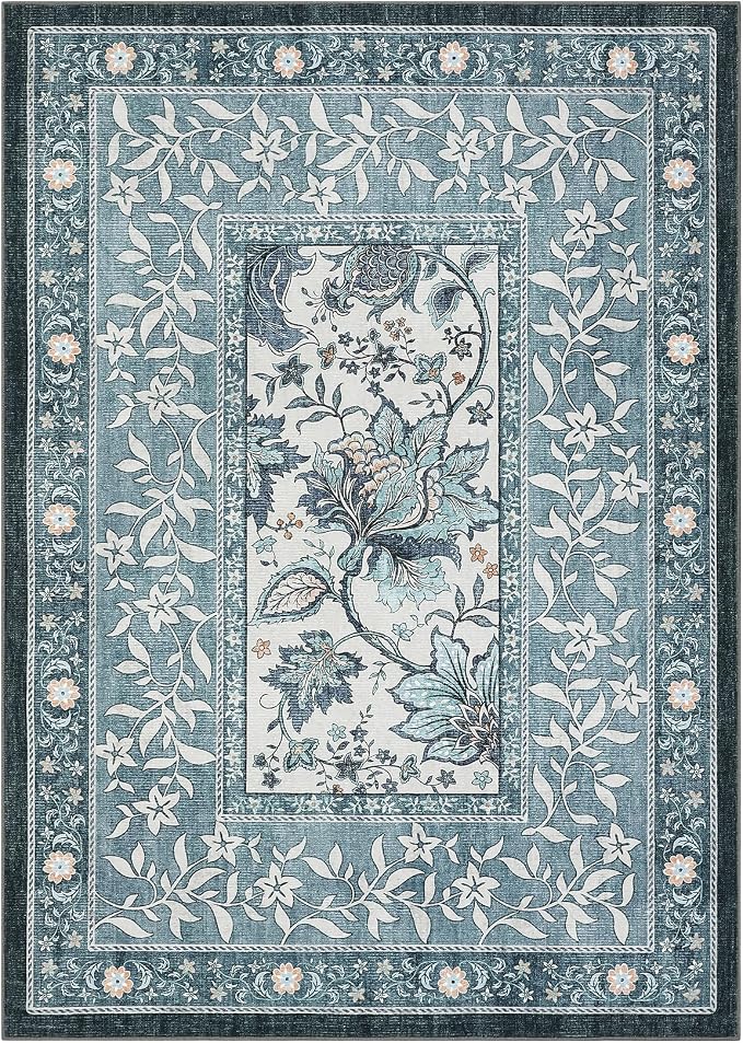 GarveeHome Provence Misty Blue 3x5 Rug Washable Non-Slip Low-Pile Indoor Rugs - Image 4