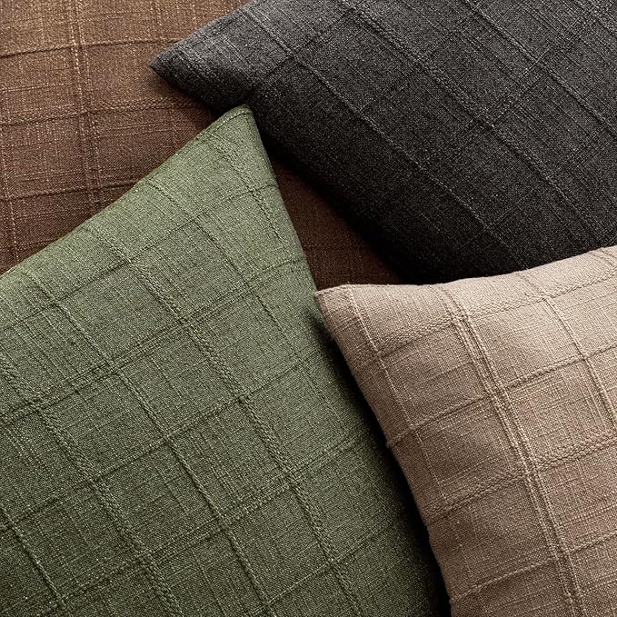 Foindtower Set of 2 Decorative Linen Check Throw Pillow Covers Neutral Farmhouse Vintage Cushion Covers Modern Boho Home Decor for Sofa Chair Couch Bedroom Living Room Outdoor,26×26 Inch,Olive Green