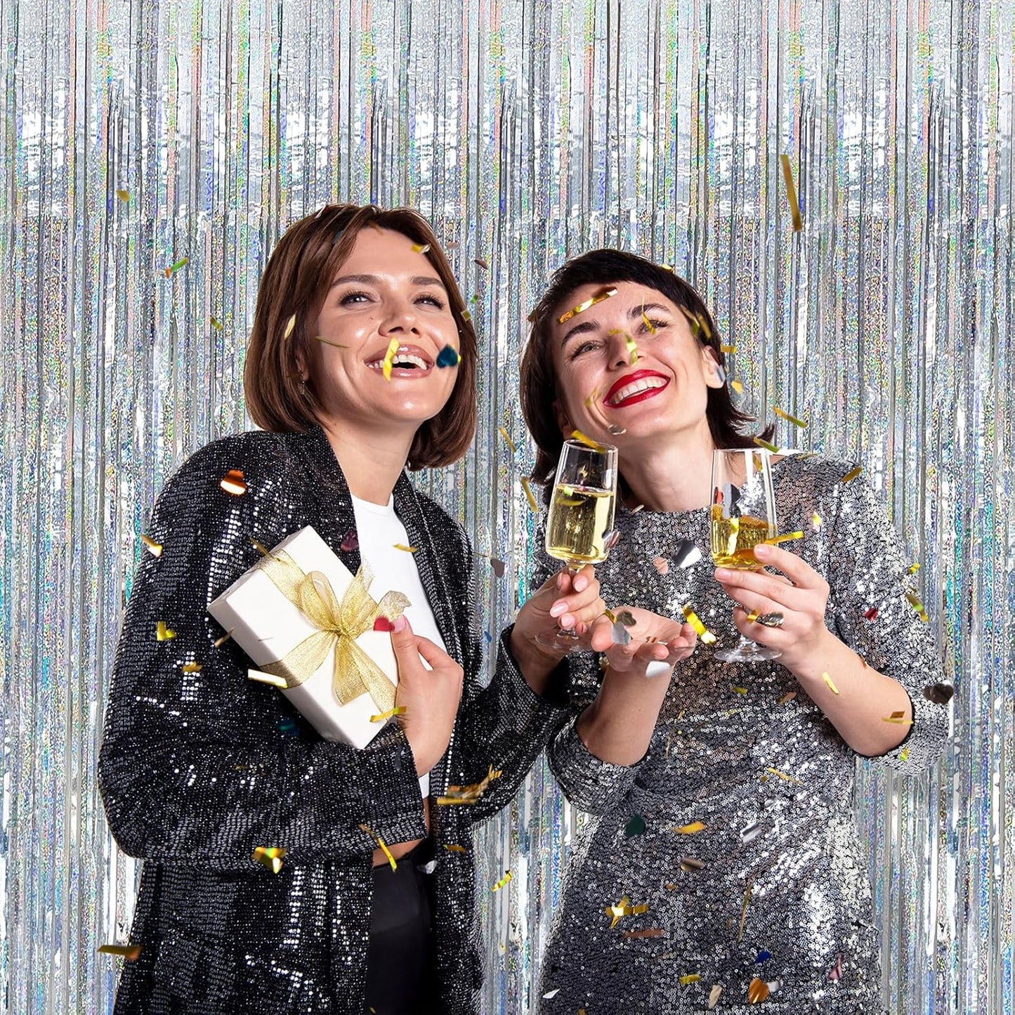 5 Pack Silver Glitter Streamers Party Decorations Tinsel Foil Fringe Curtains Christmas Birthday Bachelorette Party Wedding Decor Supplies